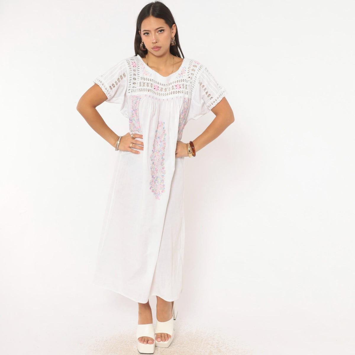 80s Mexican Embroidered Dress White Floral Crochet Lace Yoke Midi Large