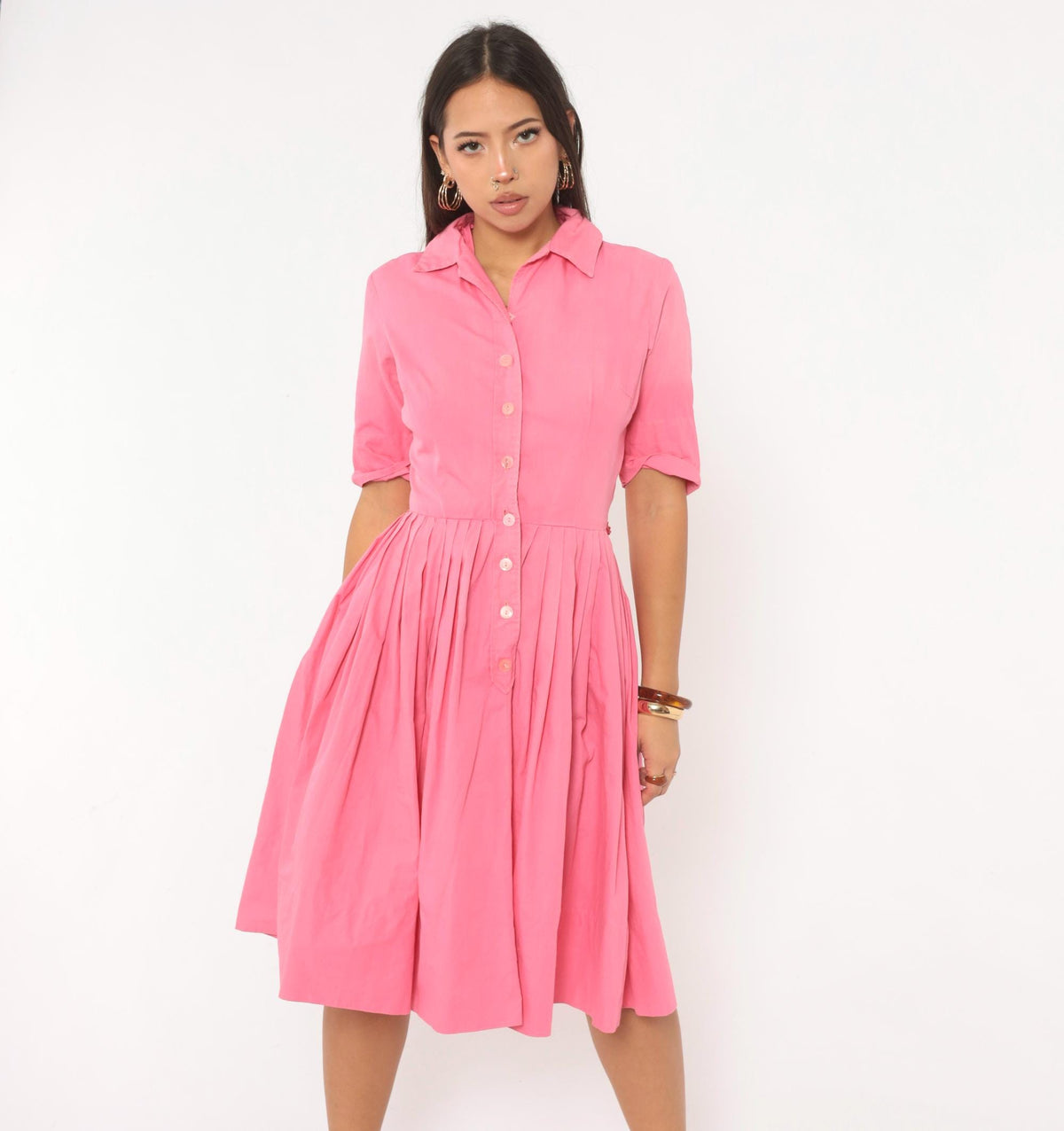 60s Pink Cotton Shirtdress Knife Pleated Knee-Length Button Front Small