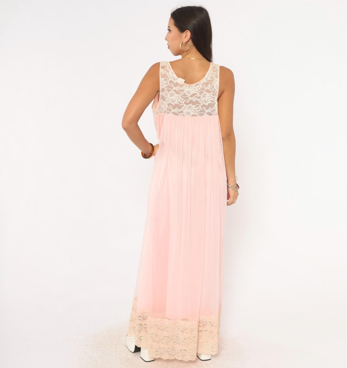80s Blush Pink Maxi Nightgown Ivory Lace Yoke Scoop Neck Medium