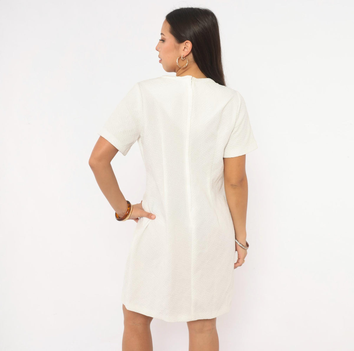 60s White Shift Dress V Neck Short Sleeve Mod A Line Jacquard Medium M