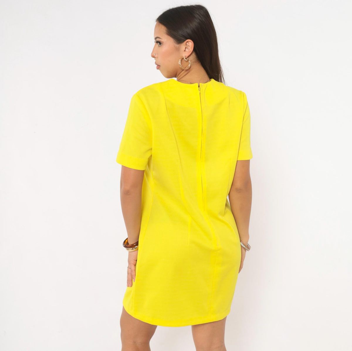 60s Nelly Don Yellow Shift Dress Mod Geometric Topstitch A-Line Large L