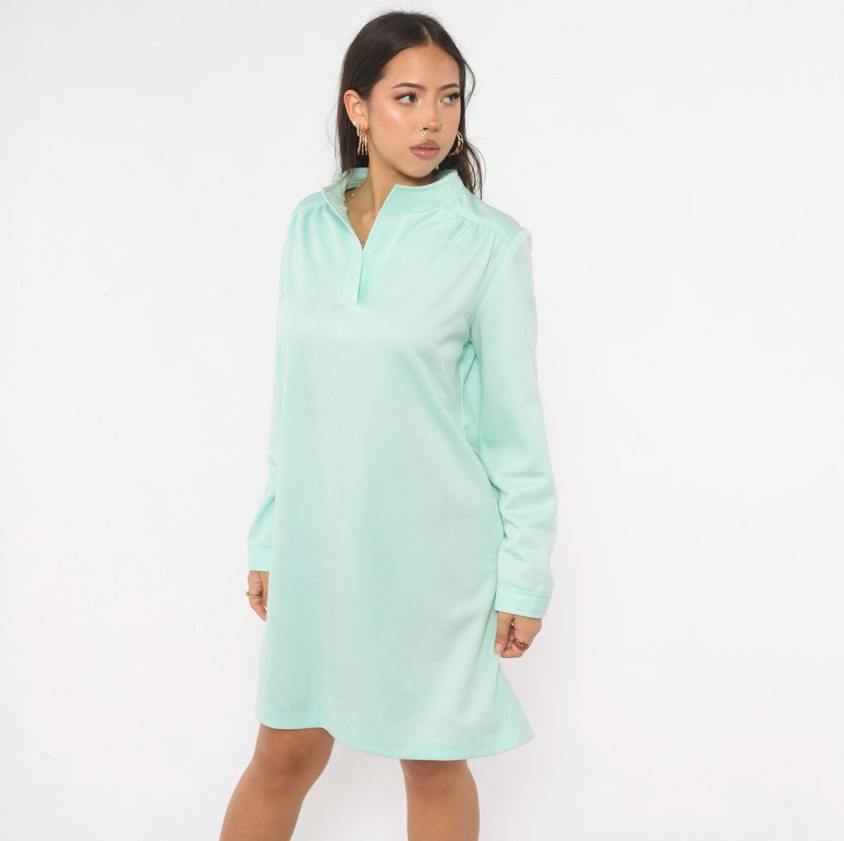 70s Sunshine Alley Mint Green Shift Dress Mandarin Collar Knee-Length Large L