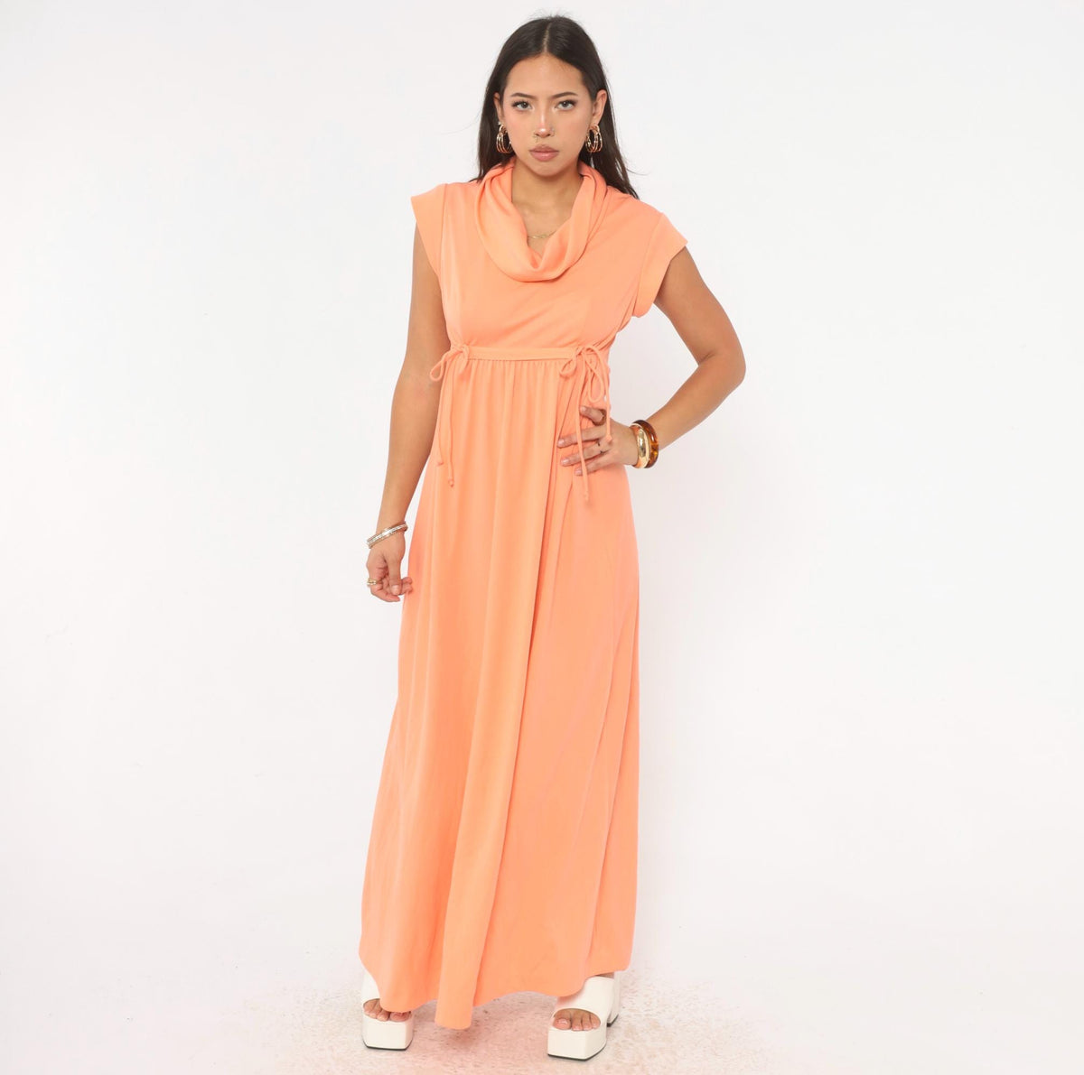 70s Peach Maxi Dress Cowl Neck Cap Sleeve Empire Waist A-Line Medium