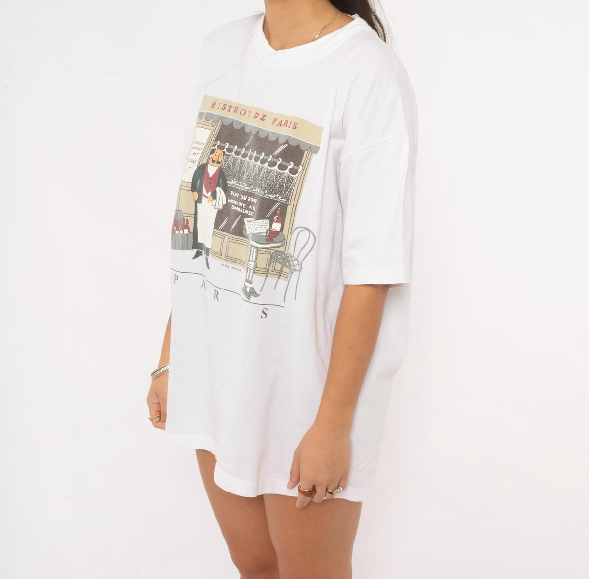 Y2K Alma Mater Paris Bistro Graphic Tee White Cotton Crew Neck Large L