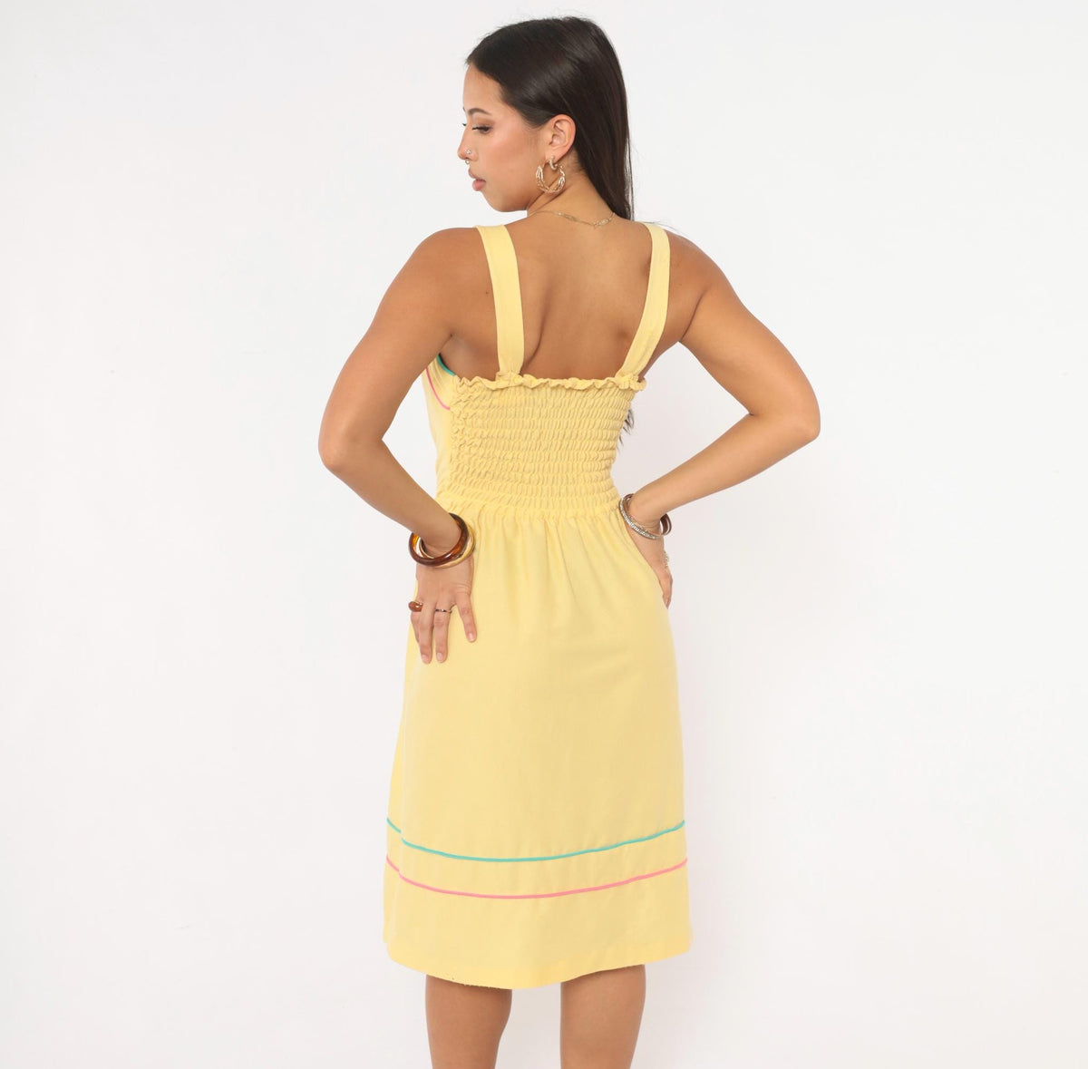 80s Yellow Sundress Mr. Joe Square Neck Teal Pink Piping Medium