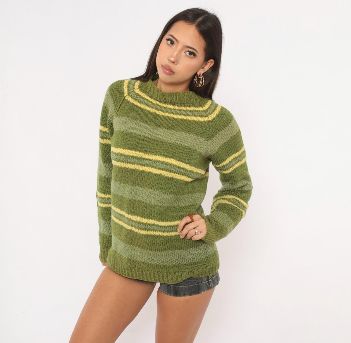 90s Olive Striped Wool Hand Knit Sweater Raglan Brown Elbow Patches Medium
