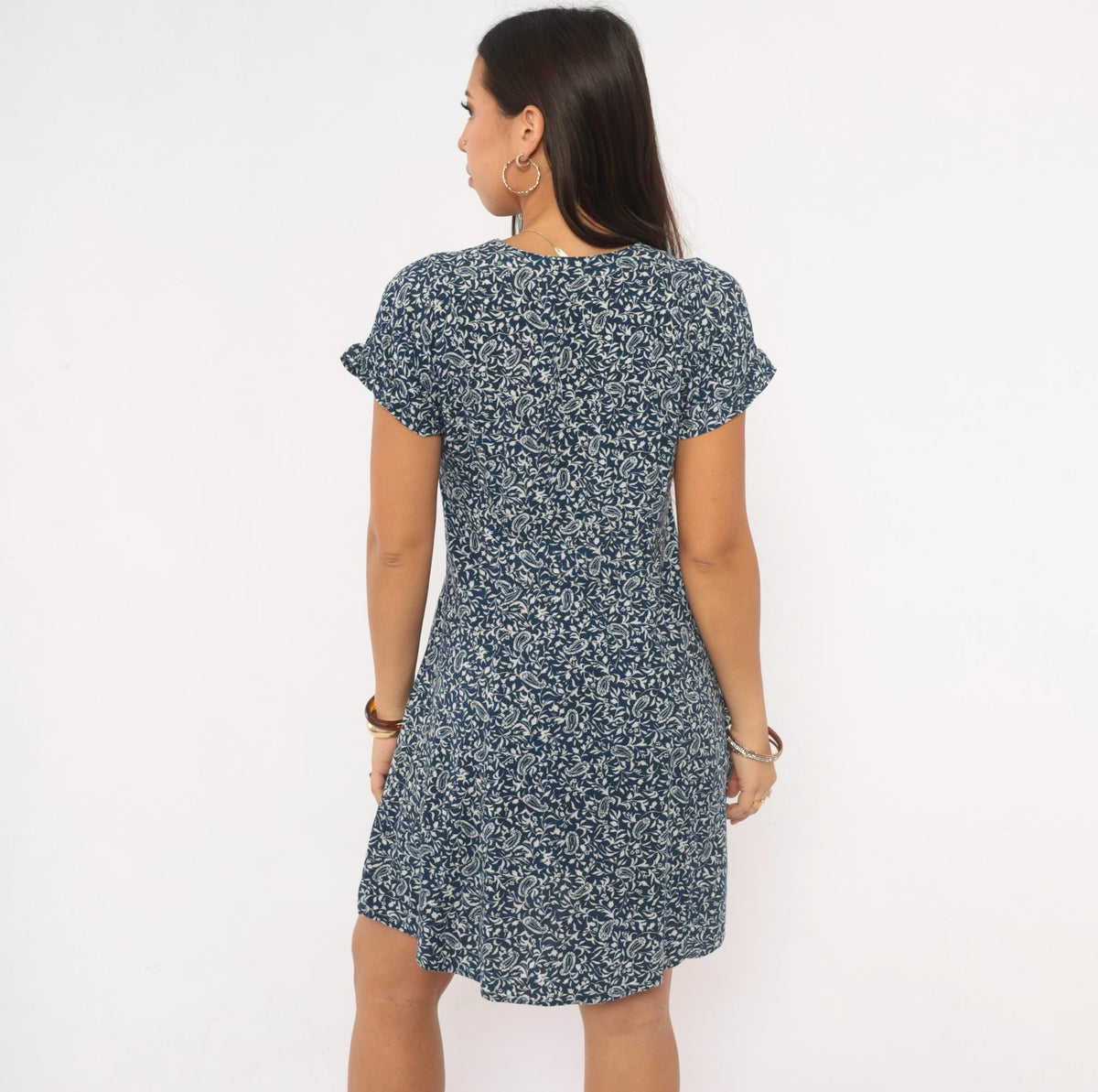 90s Caroline Wells Navy Paisley Floral Dress Button Front V Neck Medium M
