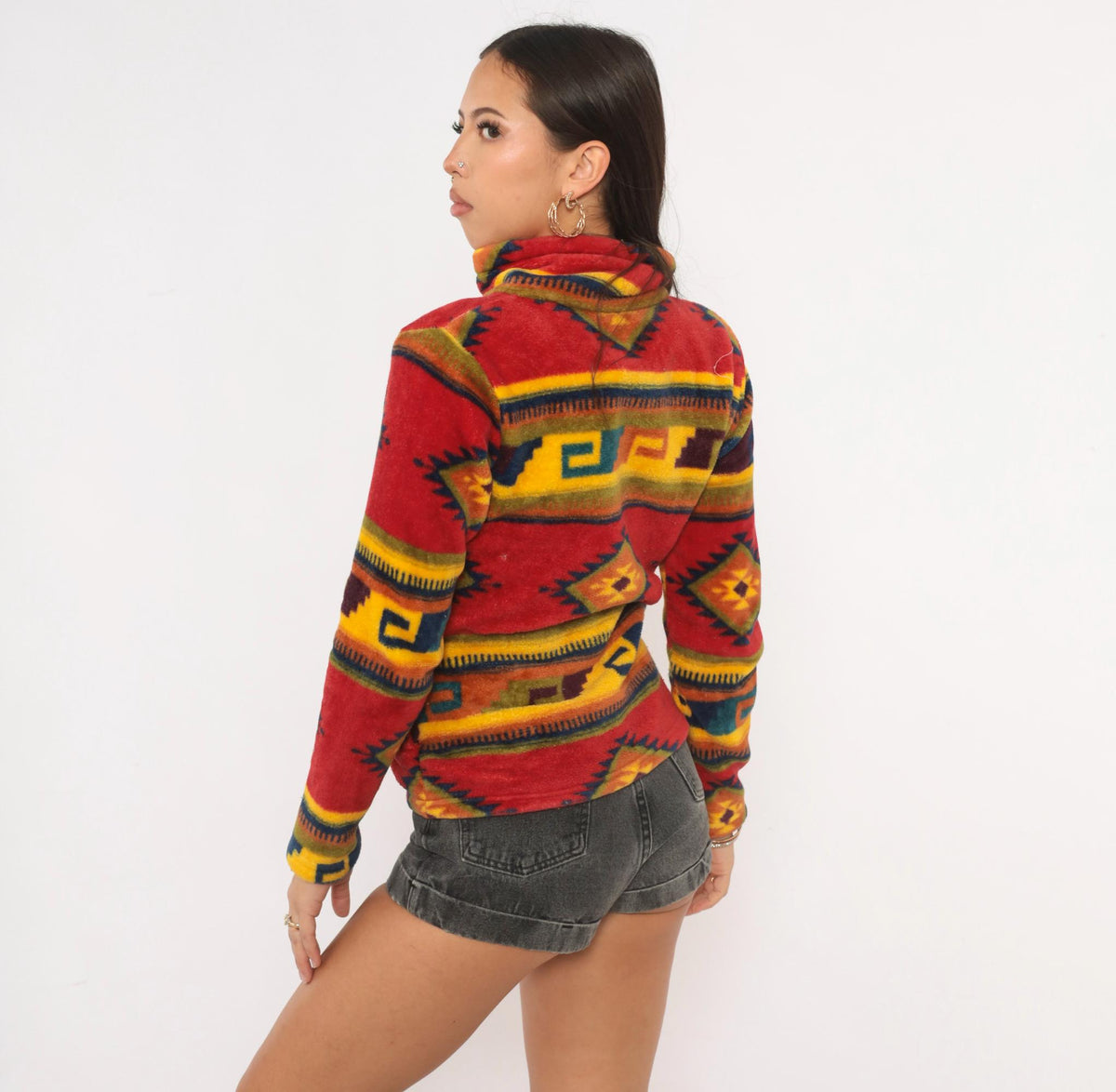90s Trail Crest Southwestern Aztec Zip Jacket Red Mock Neck Extra Small XS