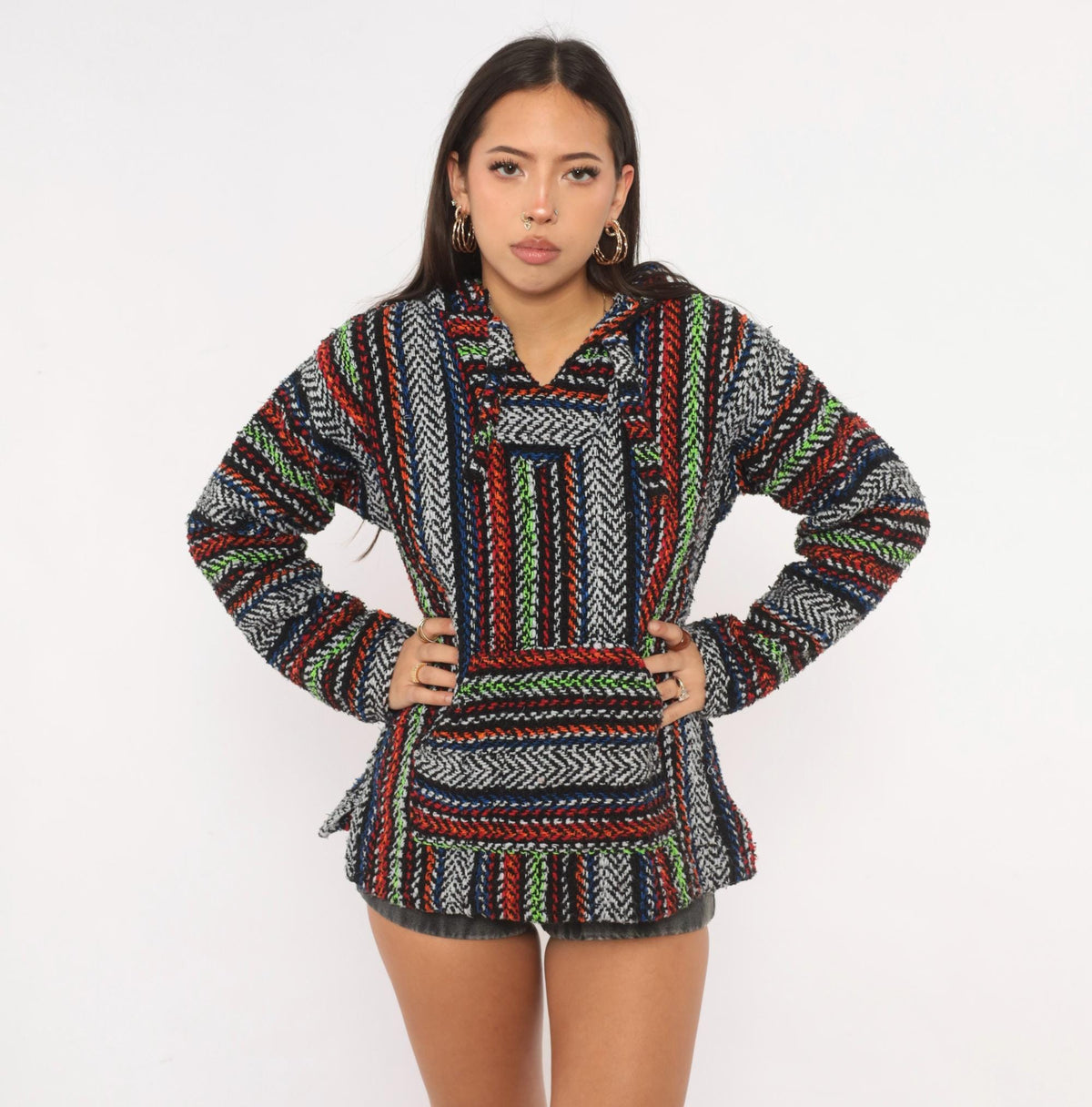 90s Earth Ragz Baja Hoodie Striped Black White Neon Green Small