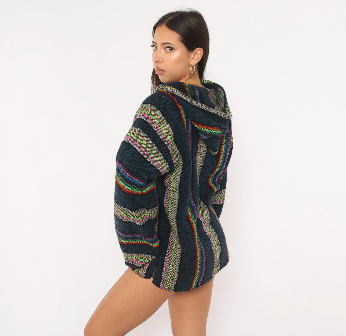 90s Navy Baja Hoodie Rainbow Stripe Woven Pullover Kangaroo Pocket Medium