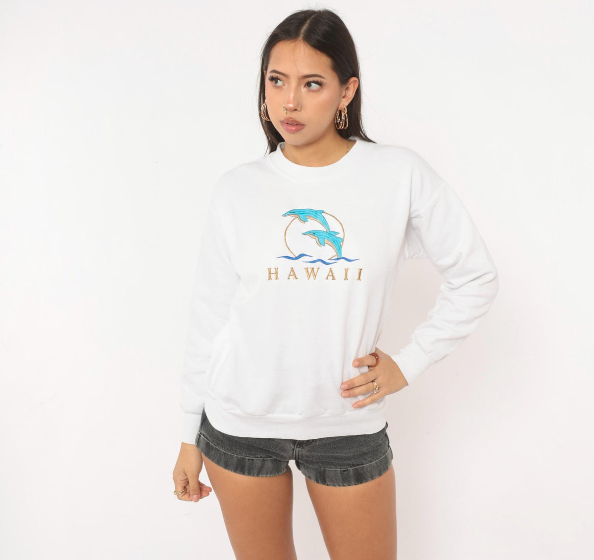 90s Hanes Hawaii Dolphin Embroidered Sweatshirt White Crewneck Small