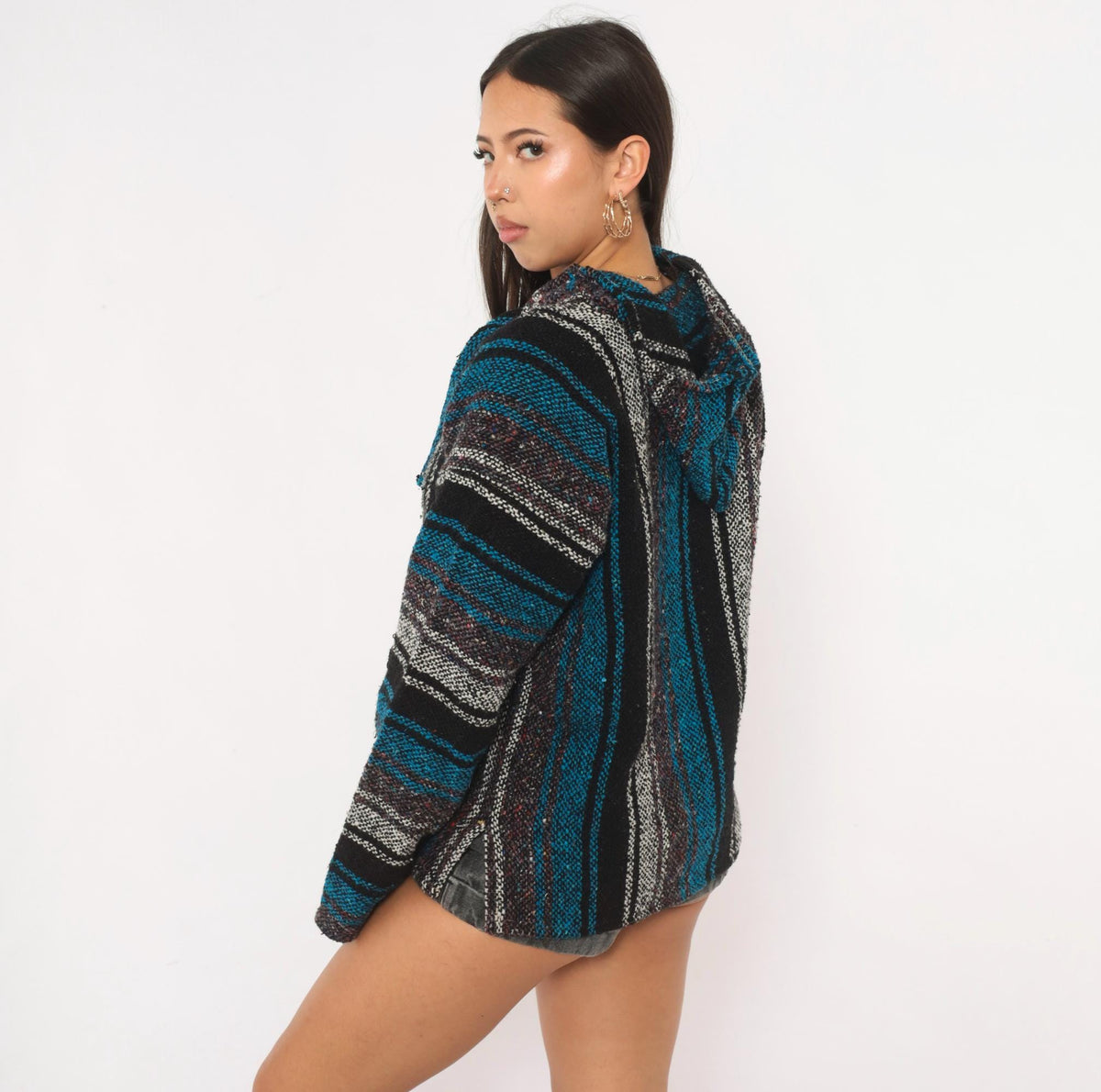 90s Sandy Baja Hoodie Black Teal Striped Woven Pullover Medium