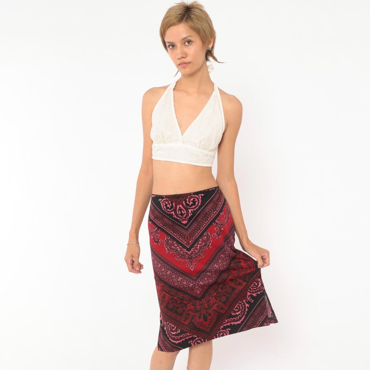Y2K Tempted Paisley Bandana Chevron Skirt Black Red Burgundy Large