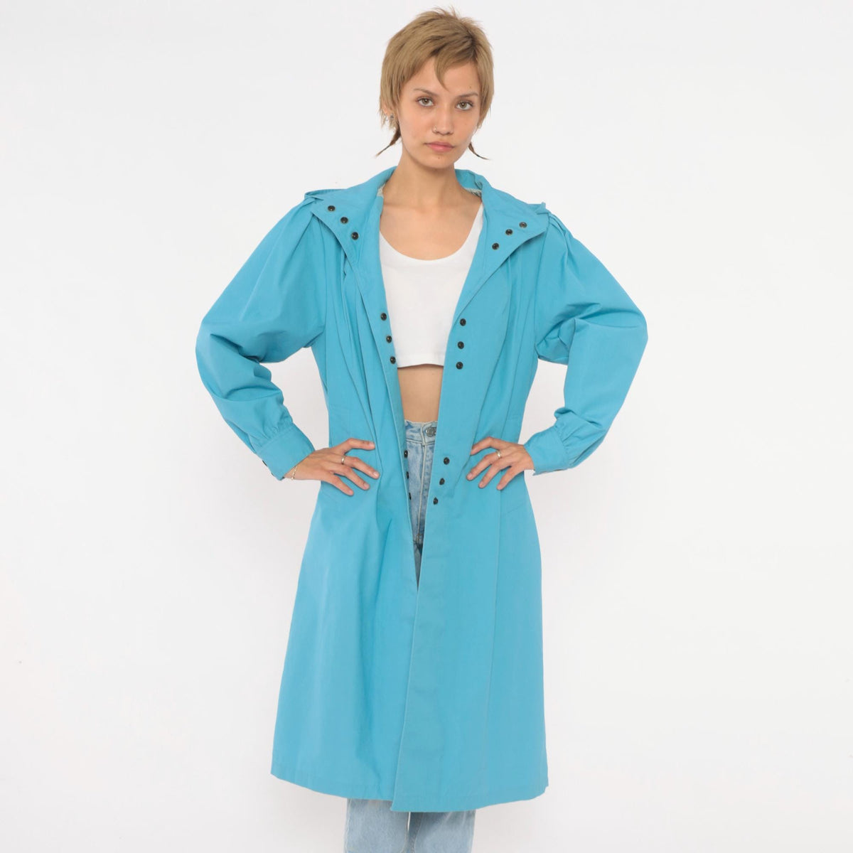 70s Blue Hooded Raincoat Snap Front Trench Puff Sleeve Medium