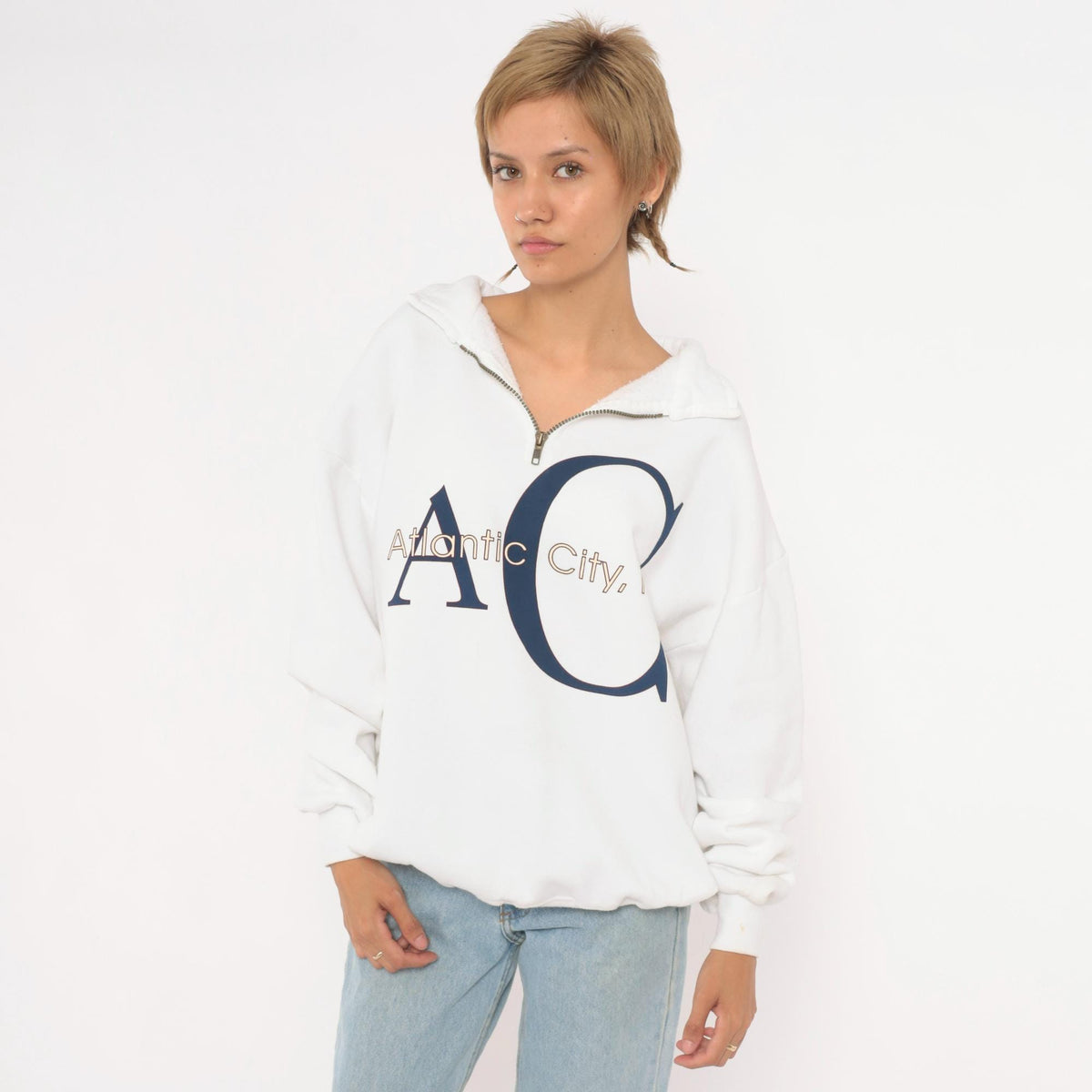 90s Jerzees Atlantic City Quarter Zip Sweatshirt White Navy Graphic Extra Large XL