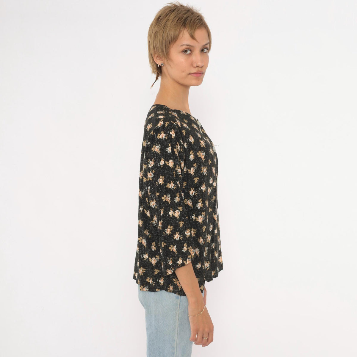 90s Black Floral Rose Print Button-Front Blouse Cream Tan Large L