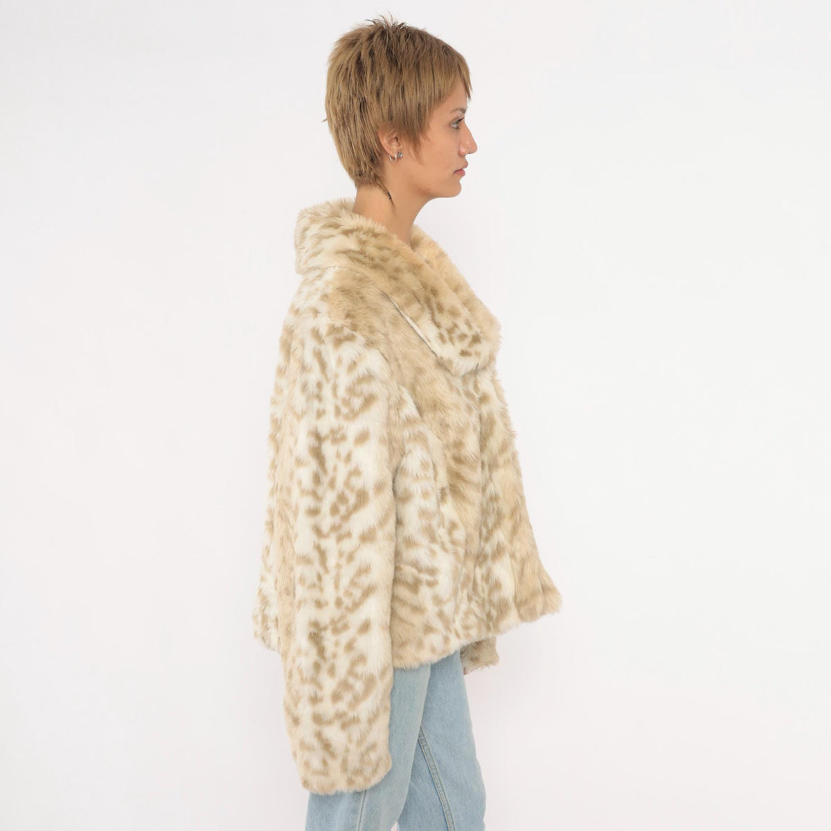 Y2K Relativity Faux Fur Jacket Cream Leopard Print Wide Collar Large L