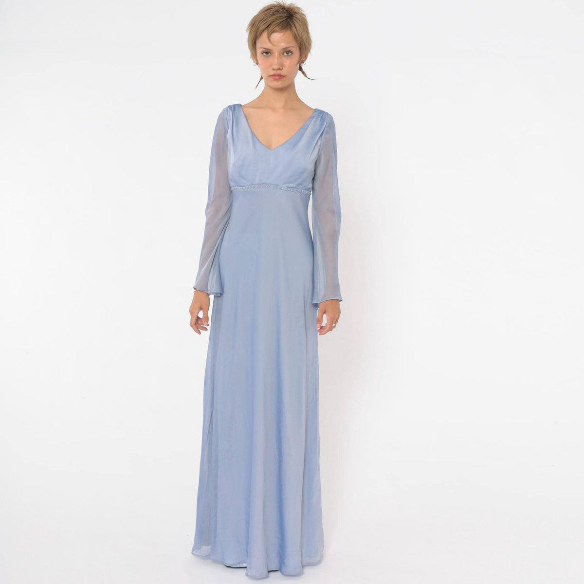 90s Michaelangelo Periwinkle Maxi Dress Empire Waist Beaded V Neck Small