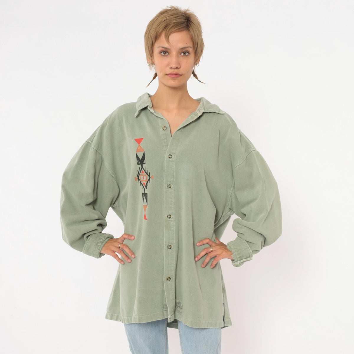 90s 4Fun Originals Southwestern Button Up Shirt Olive Green Geometric Plus Size XXL