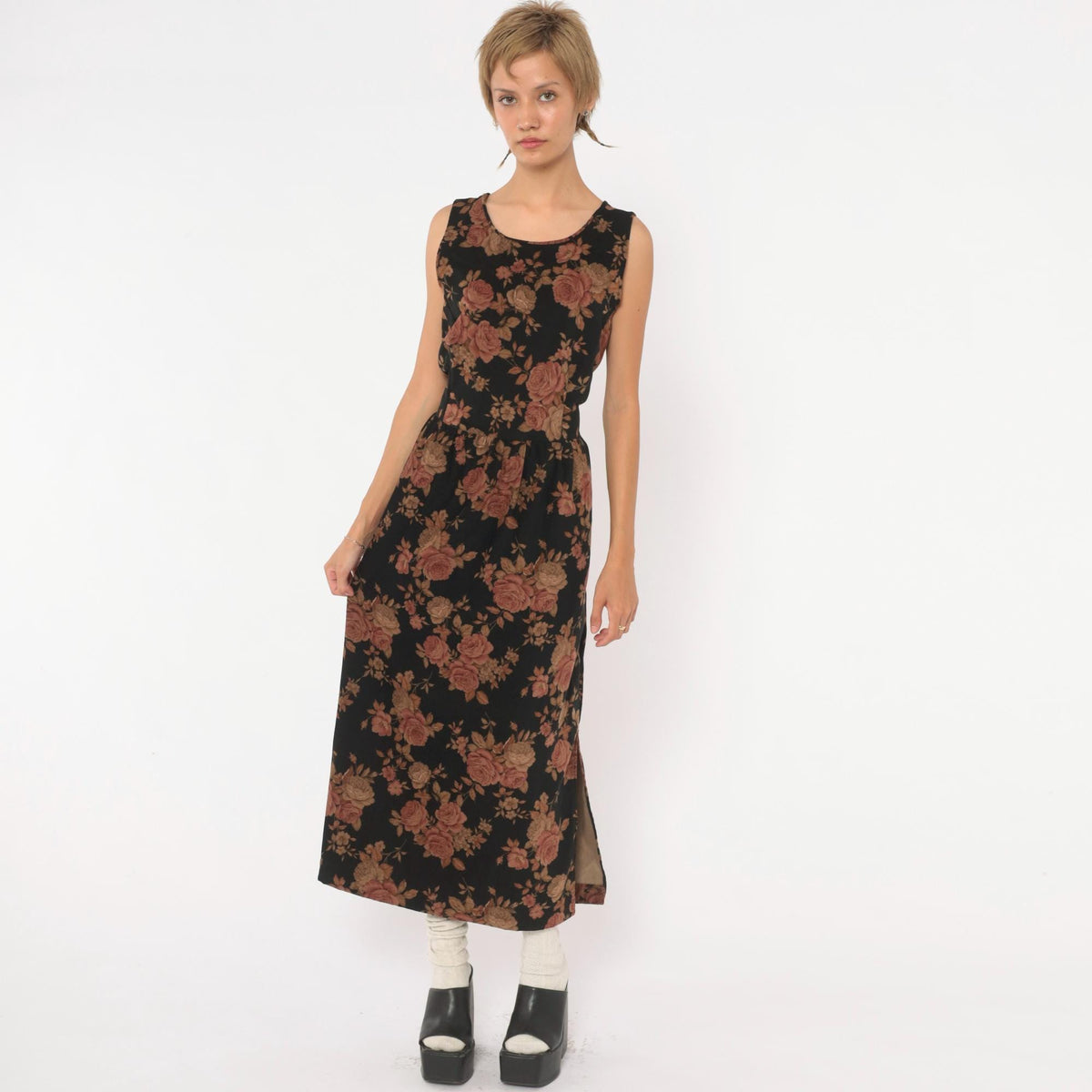 90s Black Floral Velour Dress Rose Print Tie Back Ankle Length Small S