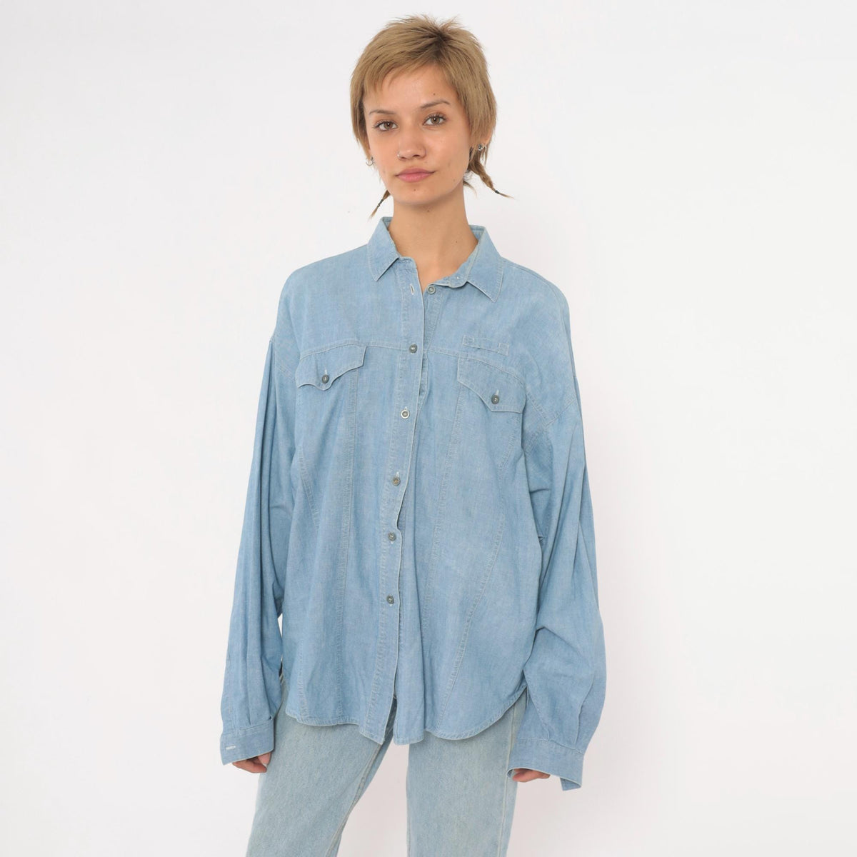 90s Chaussport Chambray Shirt Light Blue Cotton Button-Up Medium M