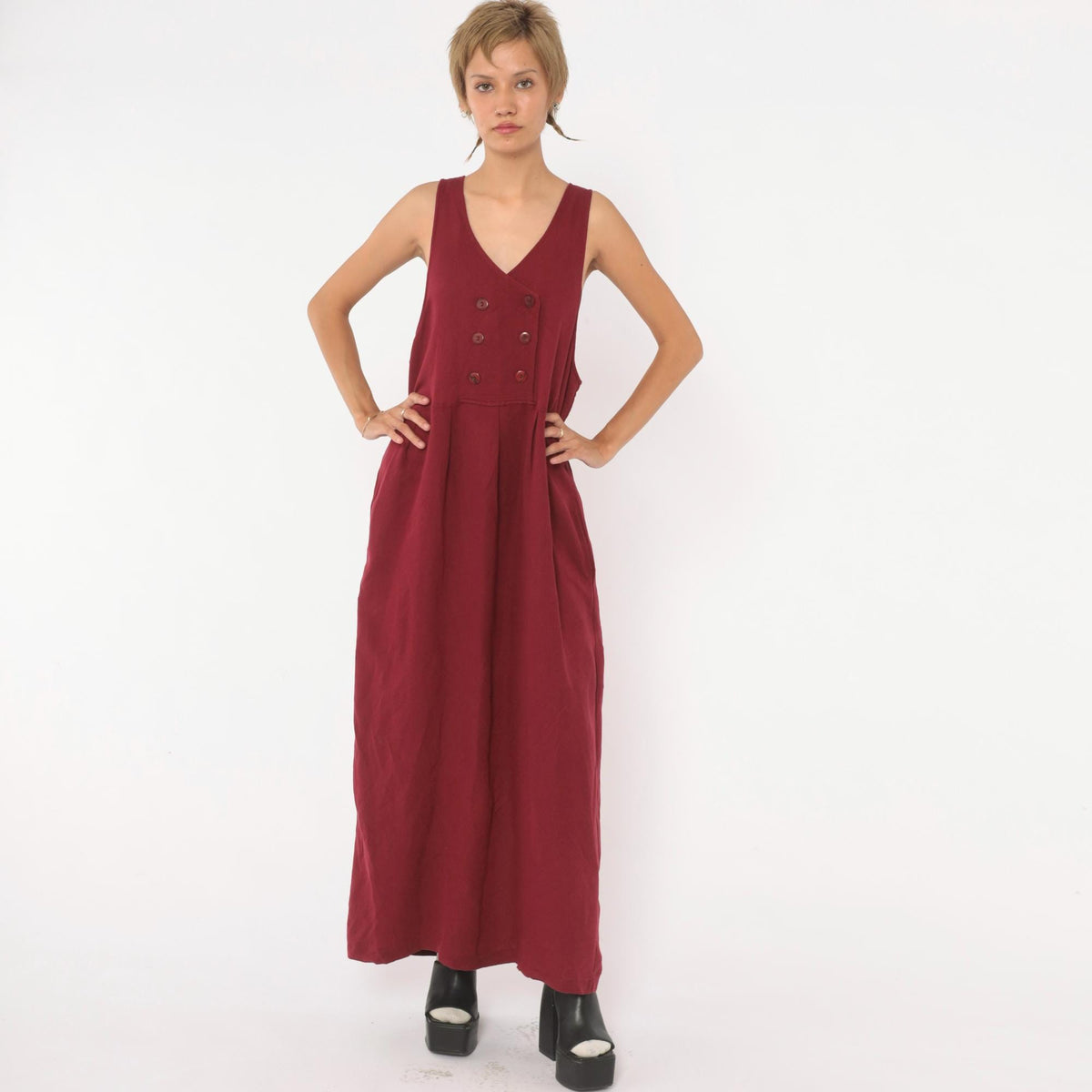 90s Burgundy Maxi Pinafore Dress V Neck Double Breasted Sleeveless Medium M
