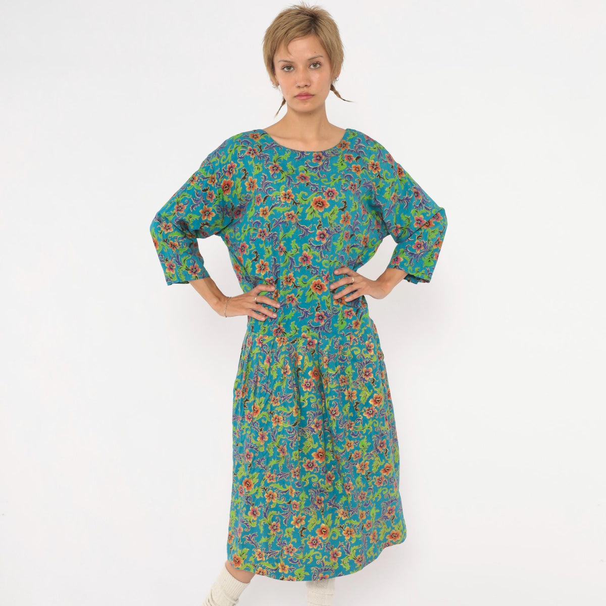80s Passports Floral Midi Dress Teal Drop Waist Pockets Large L