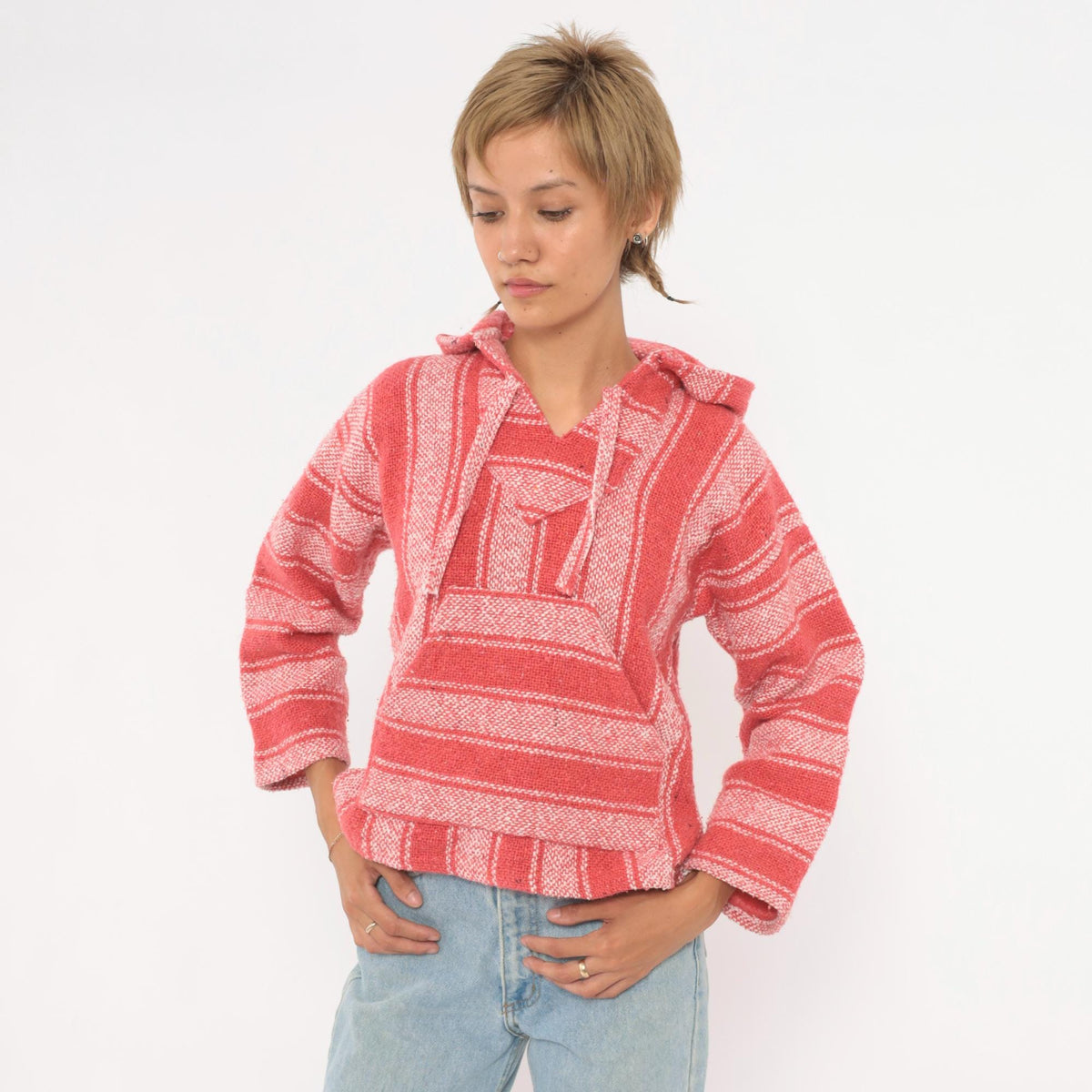 90s Baja Hoodie Coral Pink Striped Woven Cotton Pullover Extra Small XS