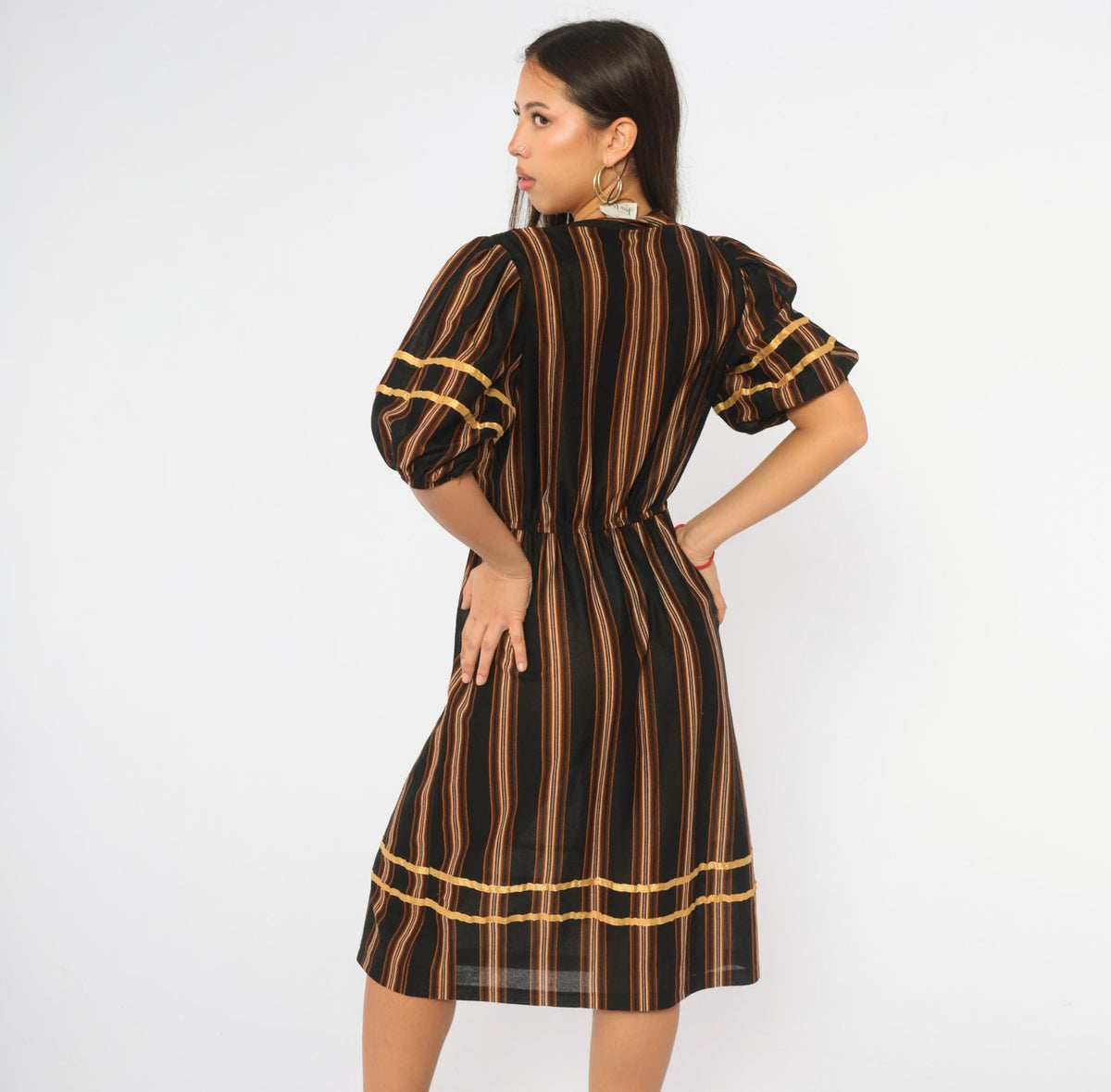 80s Jane Baar Striped Dress Puff Sleeve Gold Ribbon Trim Knee Length Small