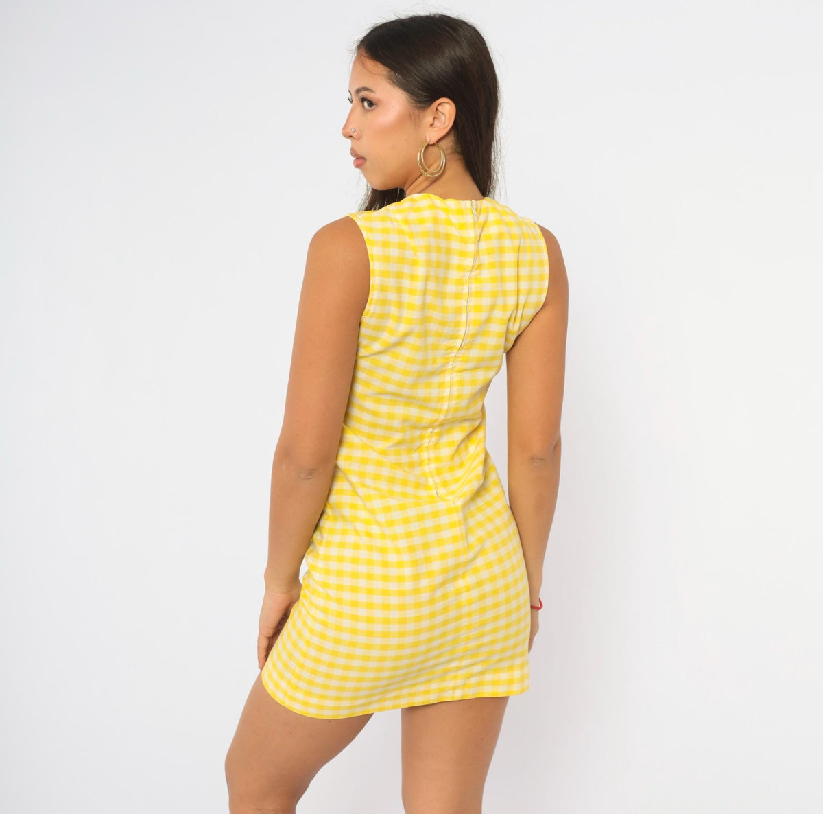 60s Yellow Gingham Eyelet Lace Shift Dress Sears Jr Bazaar Cotton XS