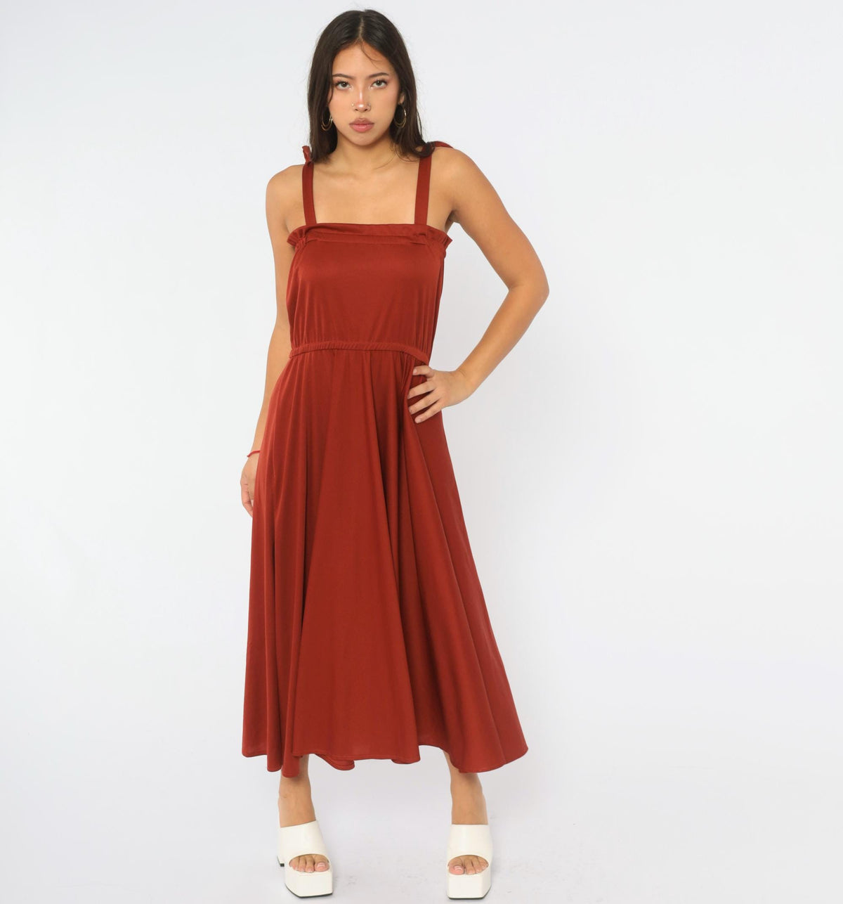 70s Rust Red Midi Dress Tie Shoulder Sleeveless A-Line Full Skirt Small