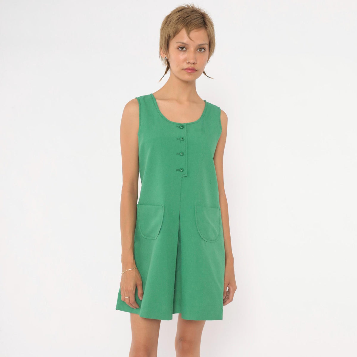 80s Kelly Green Mini Dress Sleeveless A-Line Shift Scoop Neck Extra Small XS