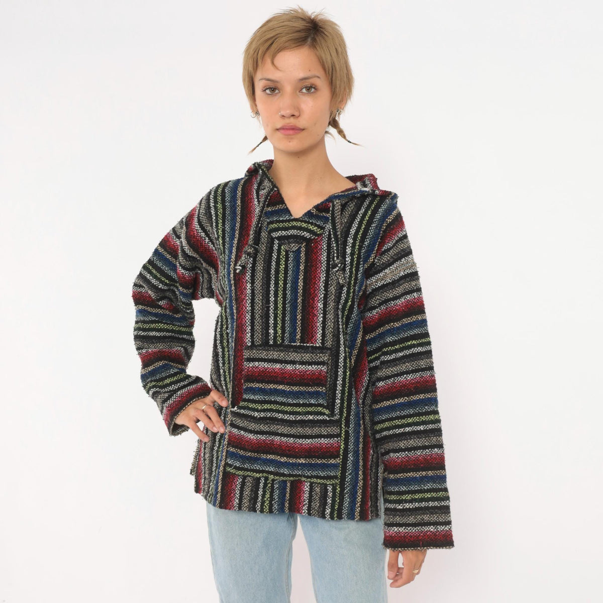 90s Artesanias Cuamatz Baja Hoodie Black Rainbow Stripe Woven Pullover Large L