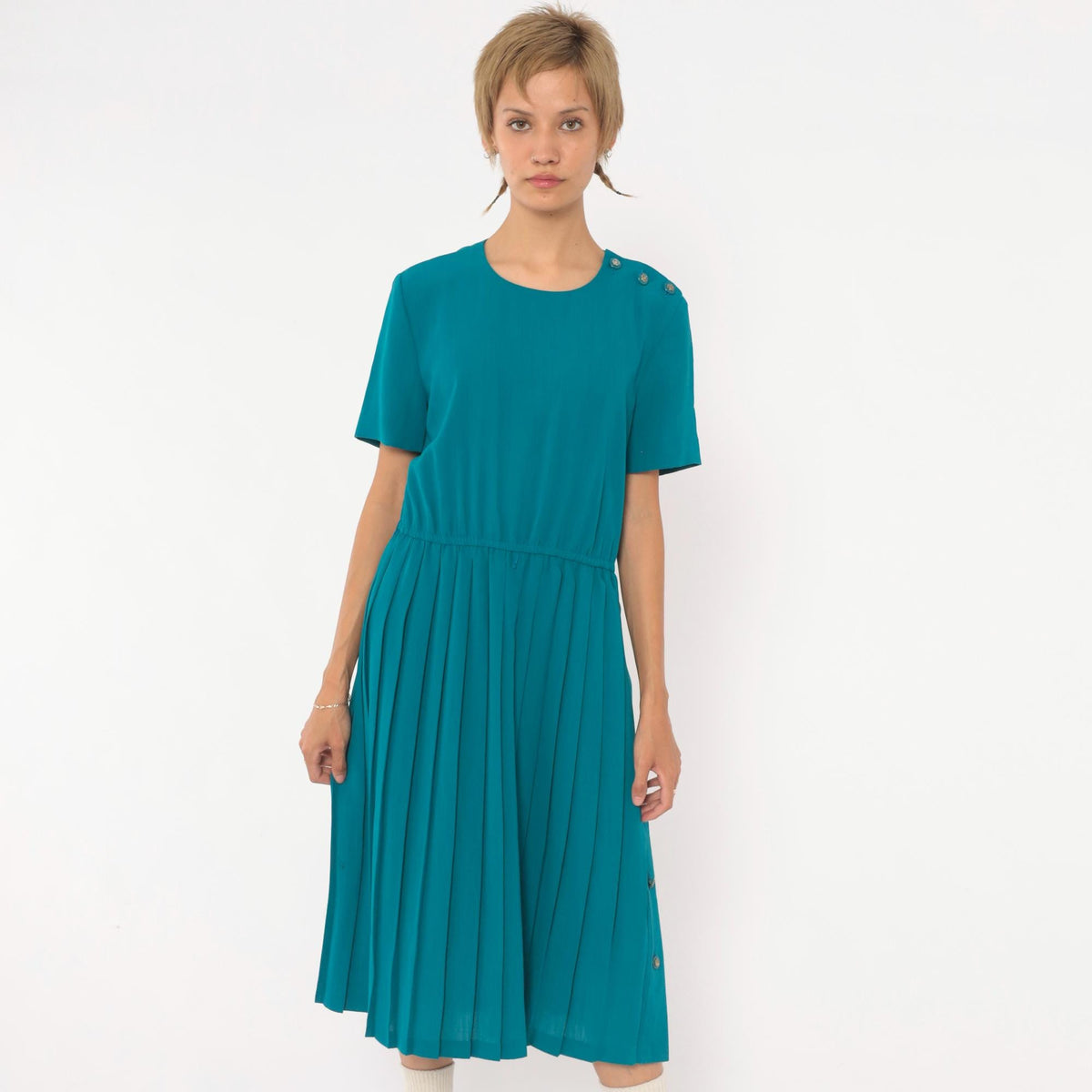80s Leslie Fay Teal Pleated Midi Dress Shoulder Pads Accordion Skirt Small