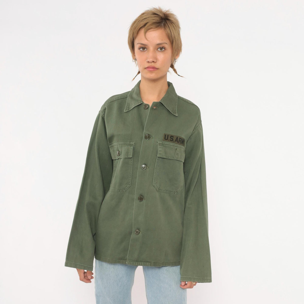 90s US Army Olive Green Button-Up Shirt Cotton Utility Field Top Small