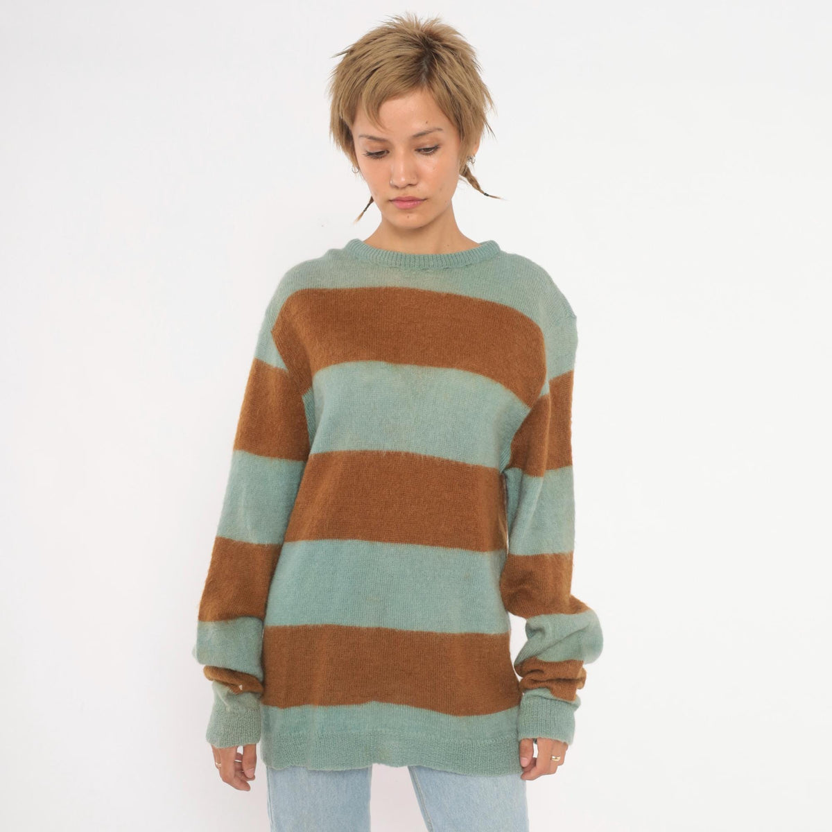 80s The Horses Mane Striped Mohair Wool Sweater Blue Brown Medium