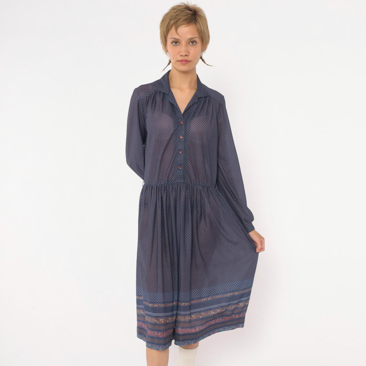 70s Navy Diamond Print Drop Waist Dress Collared Button Front Medium