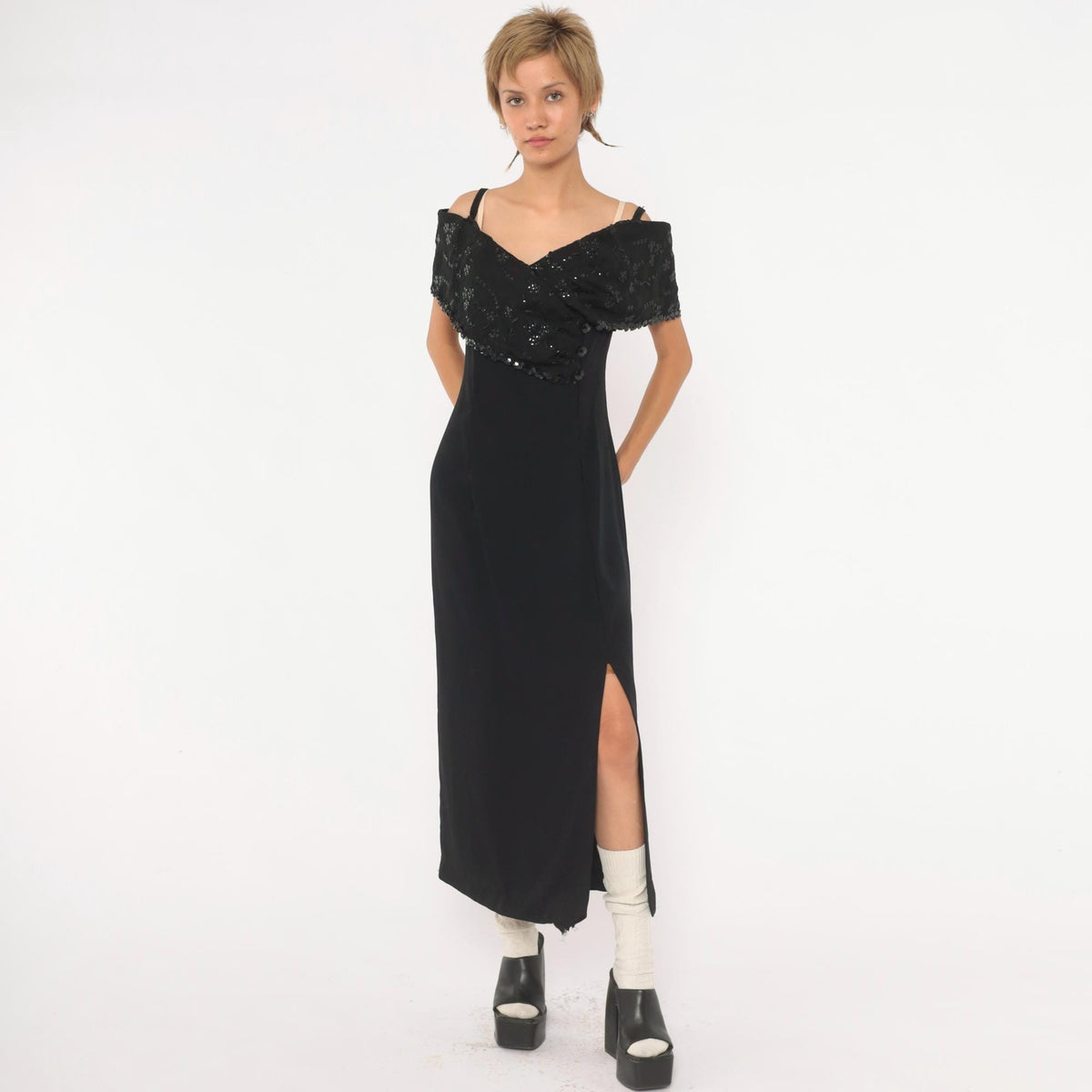 90s J. R. Nites Black Sequin Maxi Dress Off-Shoulder Floral Embroidered Collar Large L
