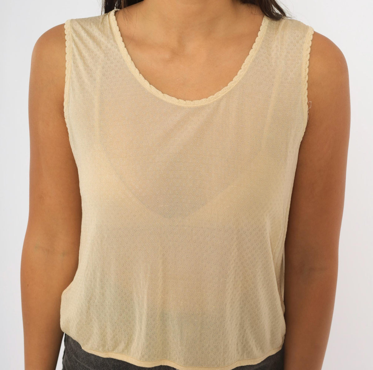 80s L.L.Bean Cream Silk Tank Top Pointelle Knit Scalloped Scoop Neck Small