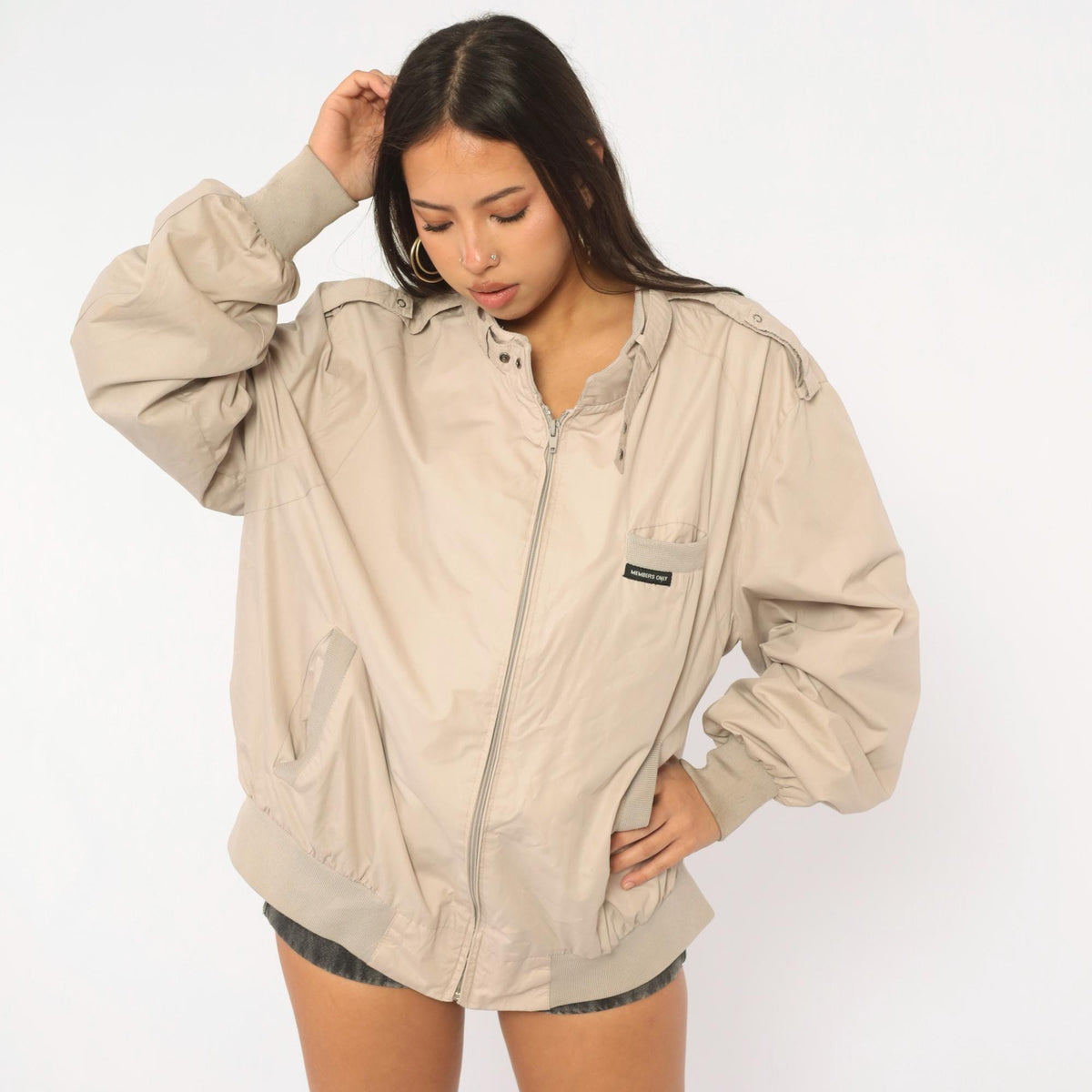 80s Members Only Bomber Jacket Beige Raglan Zip Front Plus Size XXL