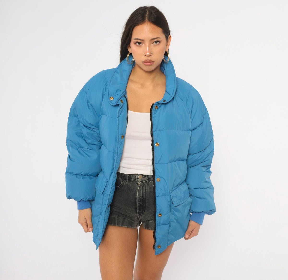 80s Eddie Bauer Cobalt Blue Down Puffer Jacket Raglan Medium