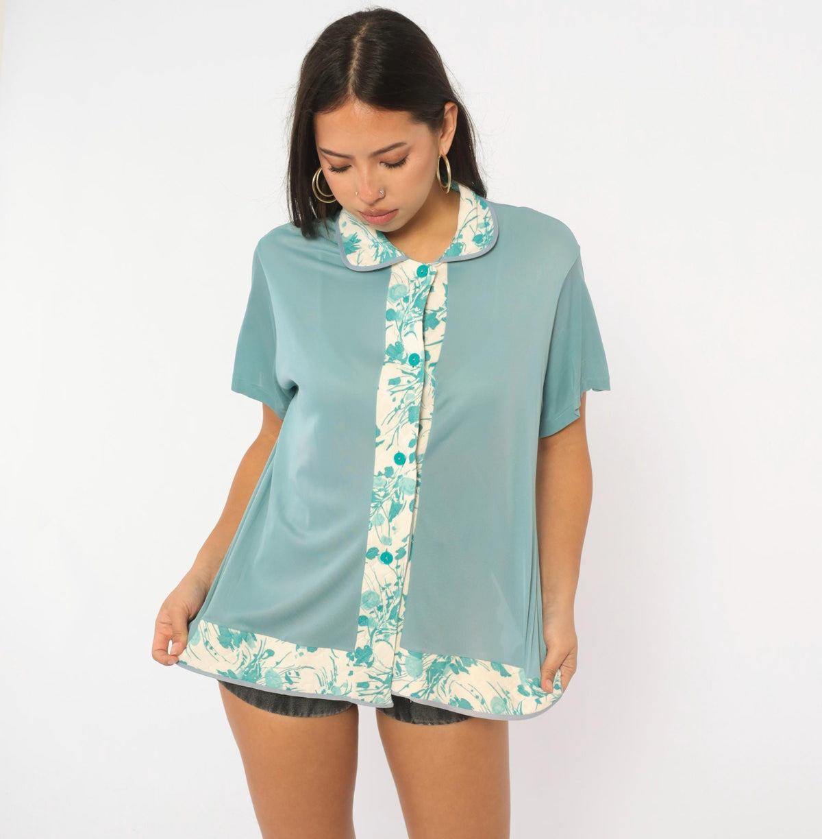 70s Binstron Blue Floral Blouse Peter Pan Collar Button Front Medium