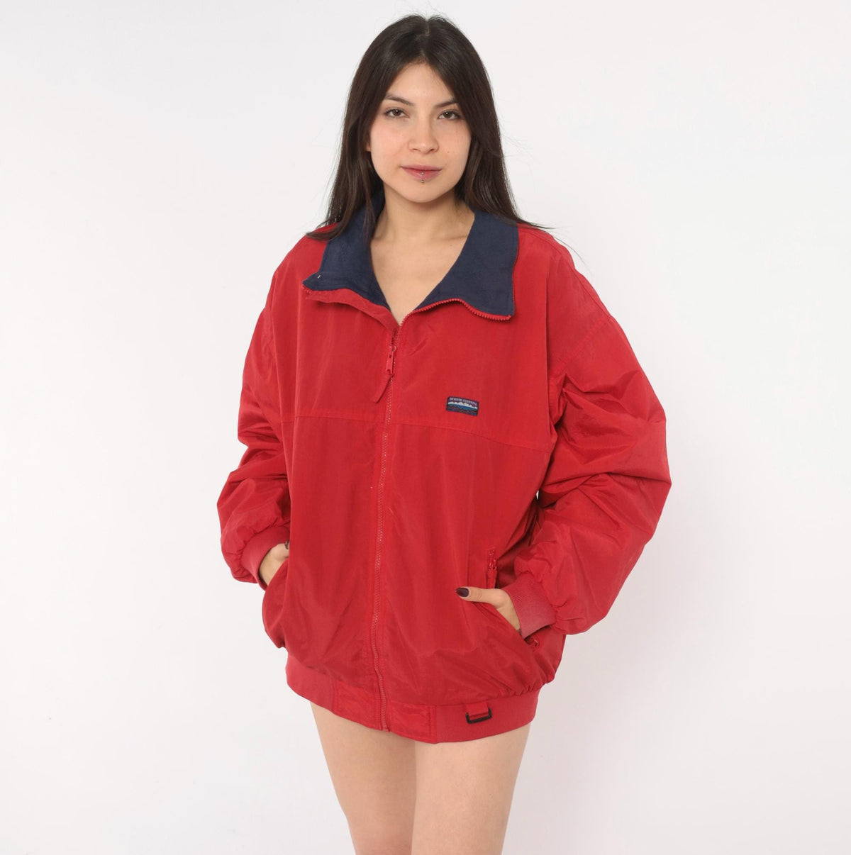 90s White Sierra Red Bomber Jacket Navy Fleece Lined Windbreaker Large L