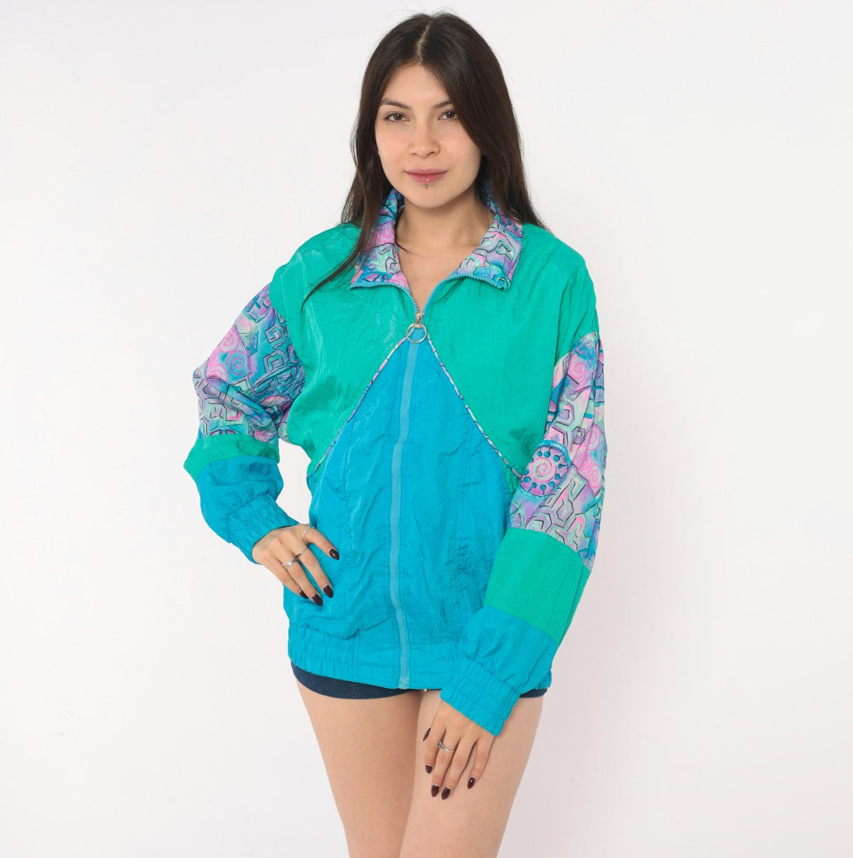 90s Otello Pelle Teal Windbreaker Geometric Color Block Jacket Medium