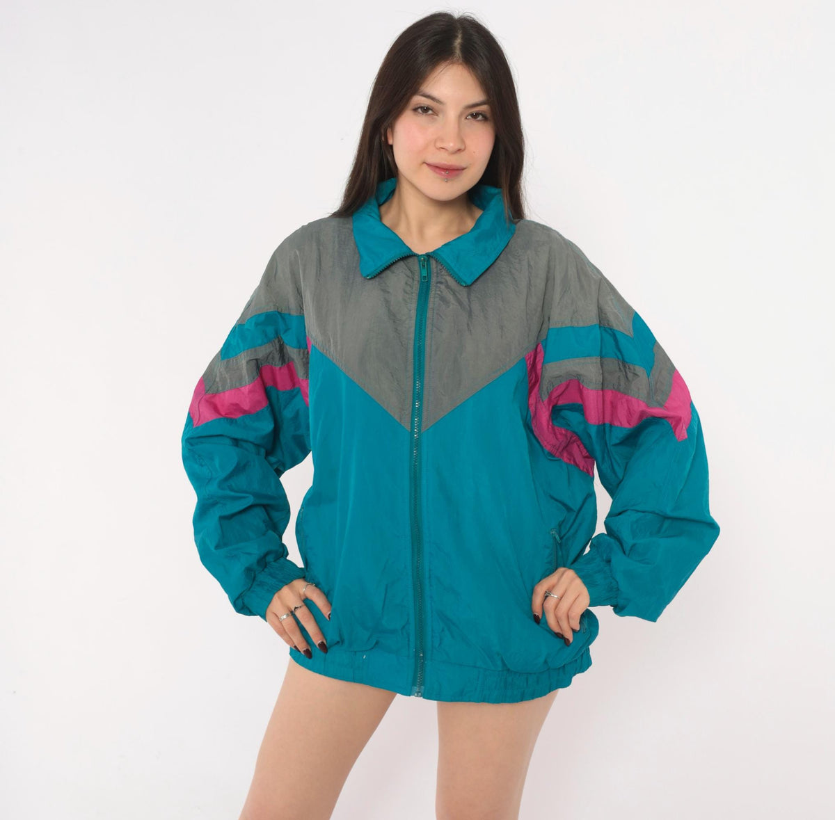 90s Pacific Sports Windbreaker Teal Blue Chevron Colorblock Jacket Large L