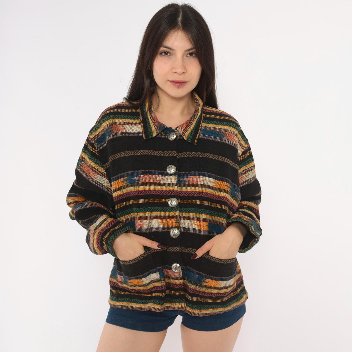 90s TanTrums Southwestern Woven Jacket Black Tapestry Concho Button Medium