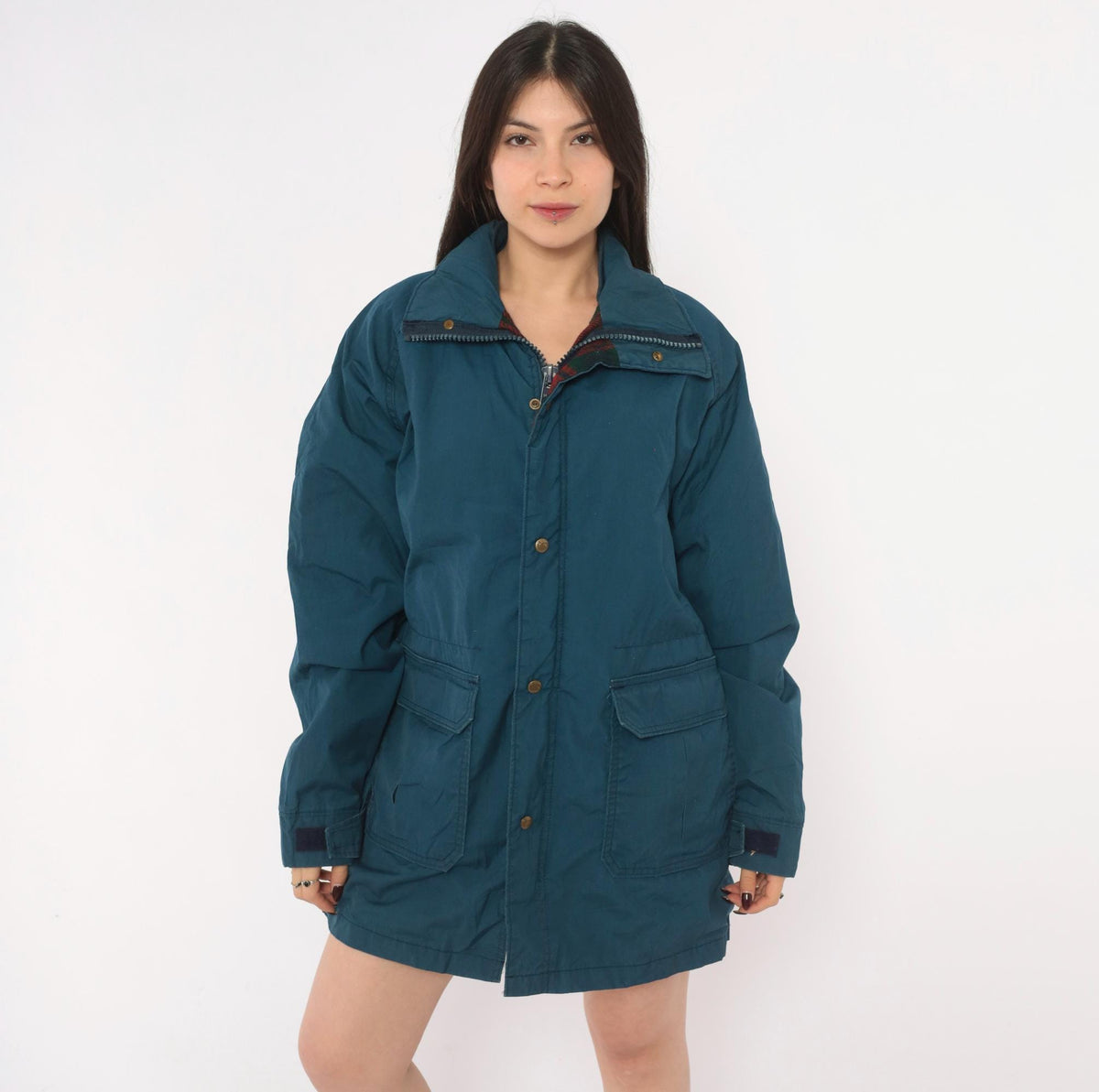 80s Woolrich Navy Barn Jacket Plaid Flannel Lined Raglan Medium