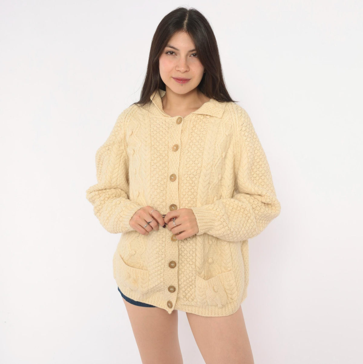 80s Cream Cable Knit Wool Cardigan Fisherman Collar Button Front Large L