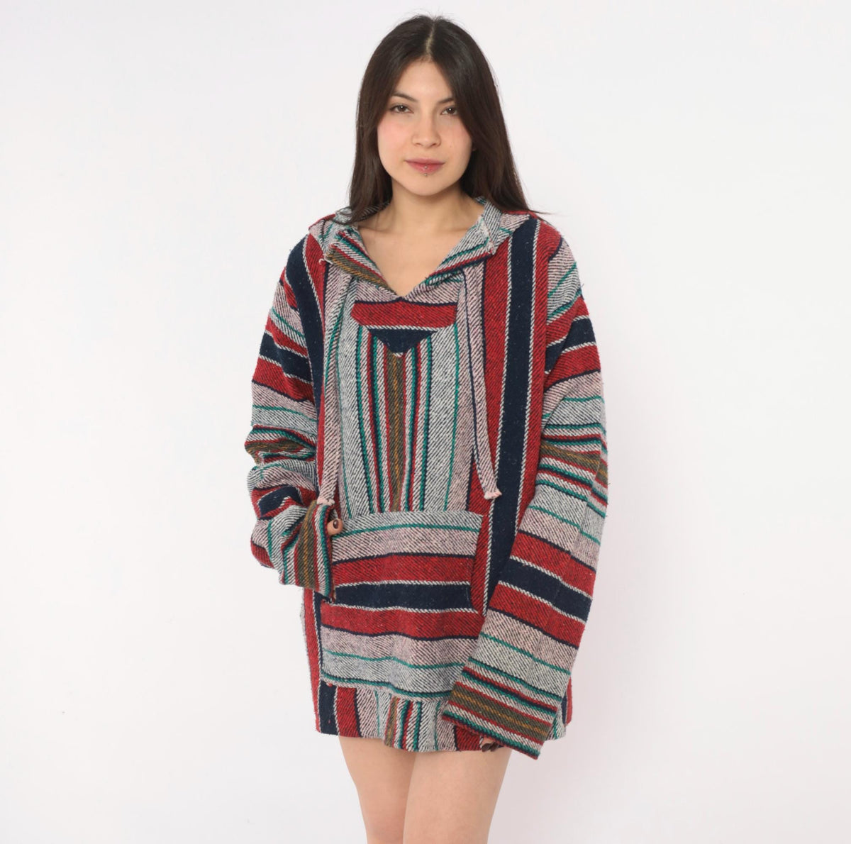 90s Baja Hoodie Red Navy Striped Woven Pullover Unisex Extra Large XXL