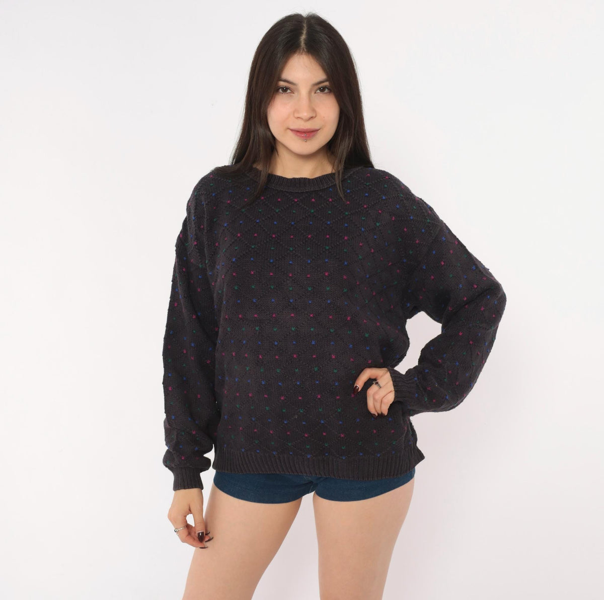 80s Eddie Bauer Cotton Knit Pullover Navy Diamond Pattern Medium